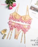 Embroidery Mesh  Push Up Bra And Thongs Sets Threepiece Womens Seethrough Lingerie Set Sensual Exotic Gathers Underwear
