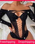 Bodysuit Hot Fishnet Shiny Hollow Out Women Backless Off Shoulder see Through  Underwears   Piece Mesh Silk Stockings