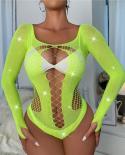 Bodysuit Hot Fishnet Shiny Hollow Out Women Backless Off Shoulder see Through  Underwears   Piece Mesh Silk Stockings
