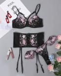  Lace Lingerie Threepieces Set Embroidery Bra And Thongs Exotic Lingerie With Garter Belt Women Seethrough Underwear Set