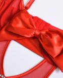 New Hot Diamond Lingerie Stitching Red Bow  Corset Bustier Women Underwear Elasticity Tansparent Sleepwear  Bra  Brief 