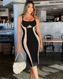  And    Womens Clothing 2023 Summer New Color Contrast Stitching Mid-length Bag Hip Skirt Hollow Strap Dress Female