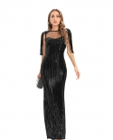   Fashion  And  Sleeveless Sequined Long Dress  Elastic Tassel Dress Long Dress