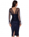  Plus-size Womens V-neck  Mesh Long-sleeved Sequined Slit Dress