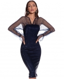  Plus-size Womens V-neck  Mesh Long-sleeved Sequined Slit Dress