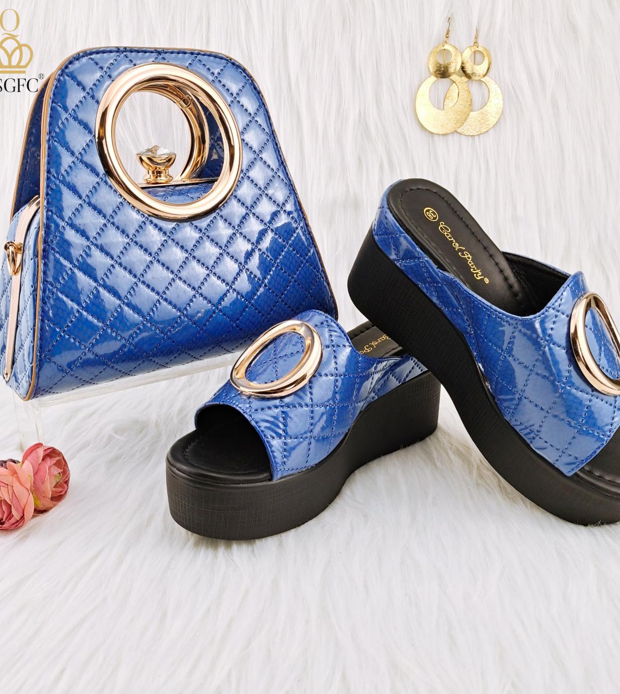 qsgfc חדש כחול פשוט אופנה אדוות מים עם חגורה דקורטיבית מתכת פלטפורמה עמידה למים סנדלים לנשים נעלי ותיק