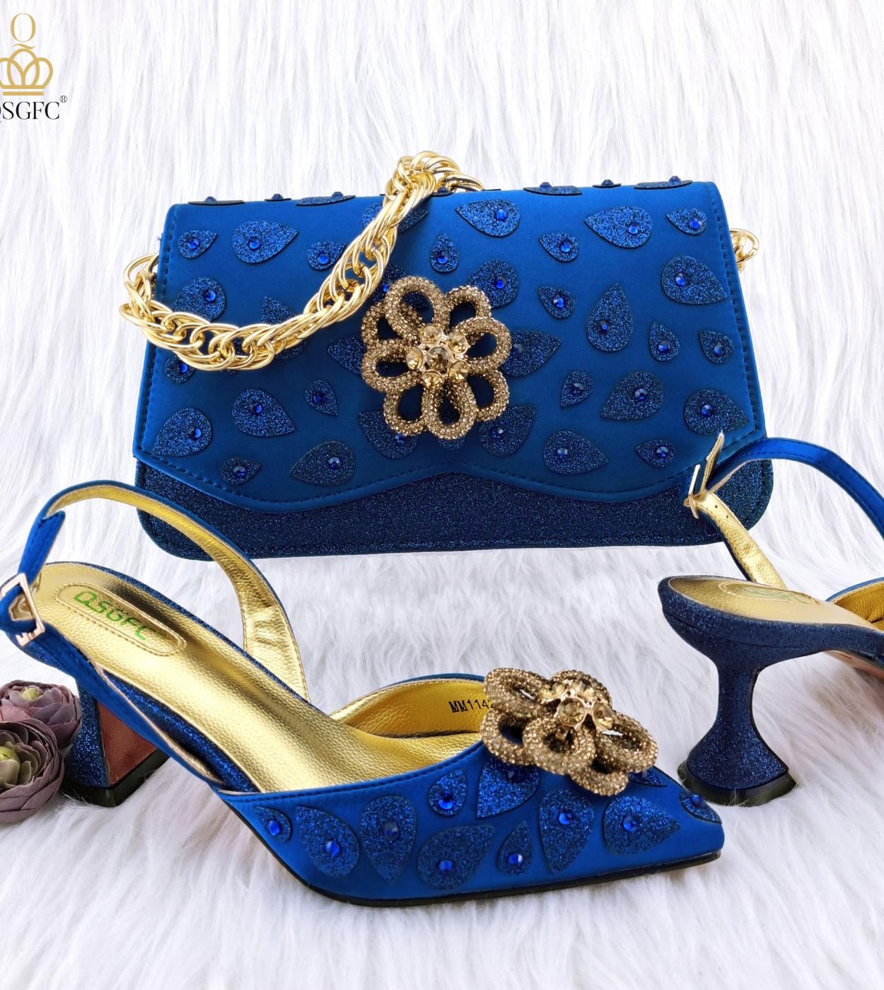 Qsgfc 2023 Royal Blue Color Classic Style Womens Hand Bag Matching High Heels African Wedding Party Shoe And Bag Set