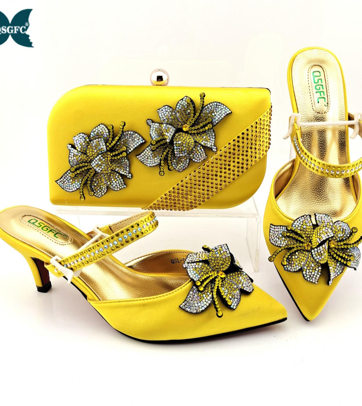 Italian Design African Fashion Hot Selling Yellow Color Special Flower Decoration Style Party Wedding Women Shoes And Ba