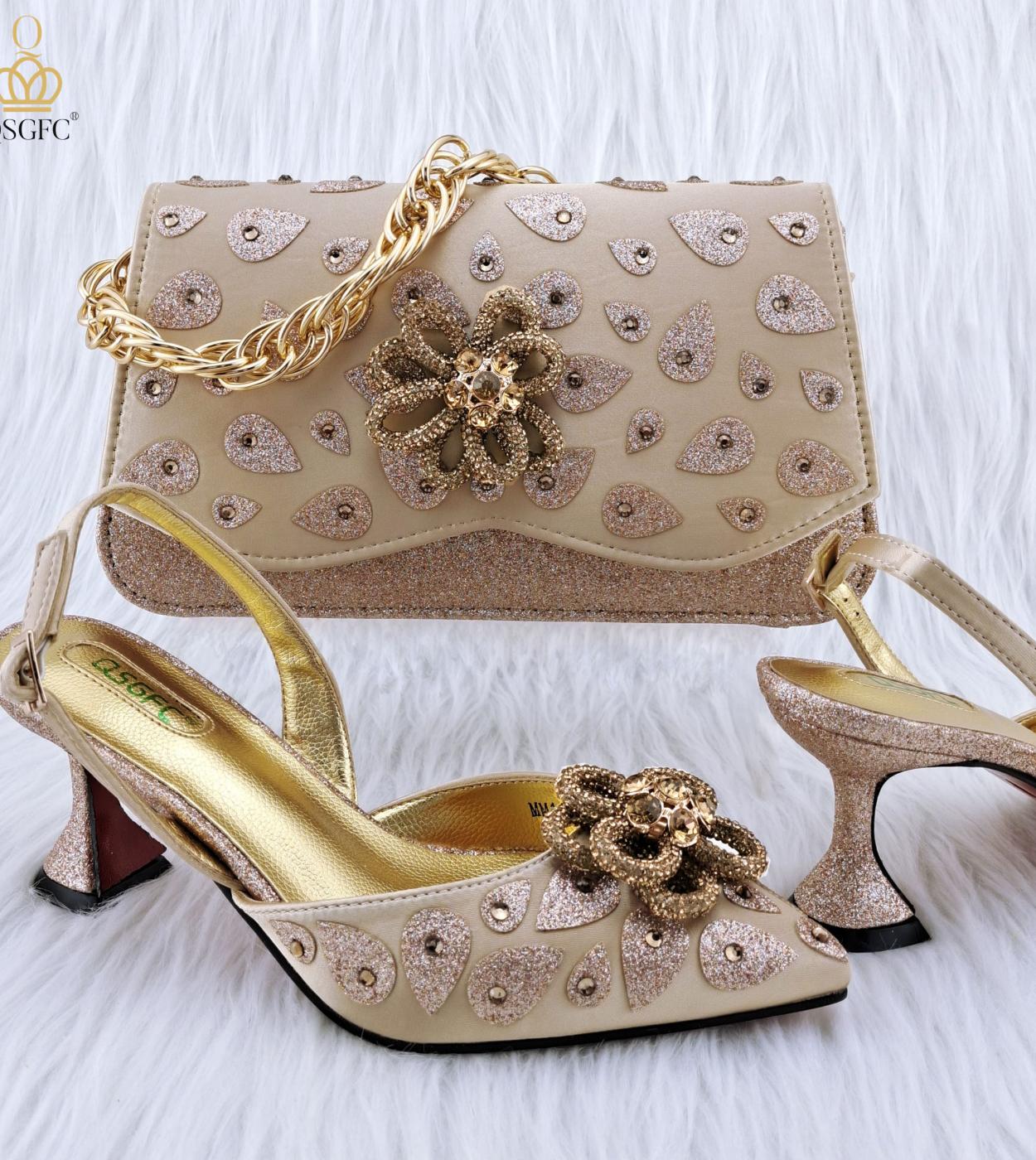 Qsgfc Newly Arrived Classic Style Gold Color Womens Hand Bag Matching High Heels African Wedding Party Shoe And Bag Set