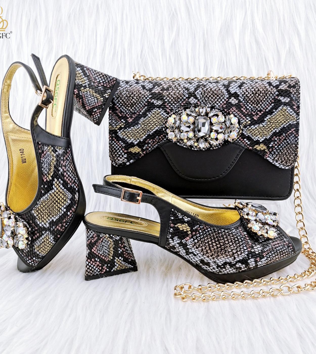 Qsgfc 2023 New Arrivals Classic Design Stitching Style Shoes And Bag Big Diamond Decoration Noble Shoes With Bag