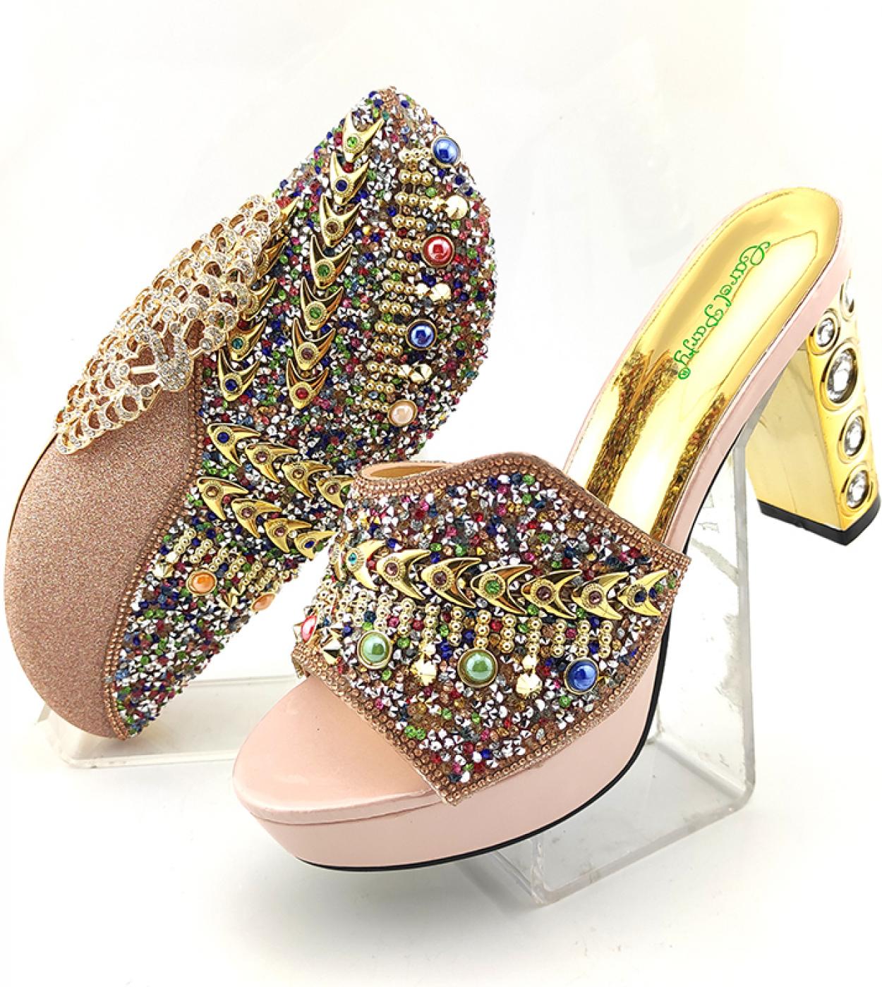 New Arrival Hot Selling Peach Color Crystal Italian Design Elegant Noble Style Ladies Shoes And Bag Set For Party  Pumps