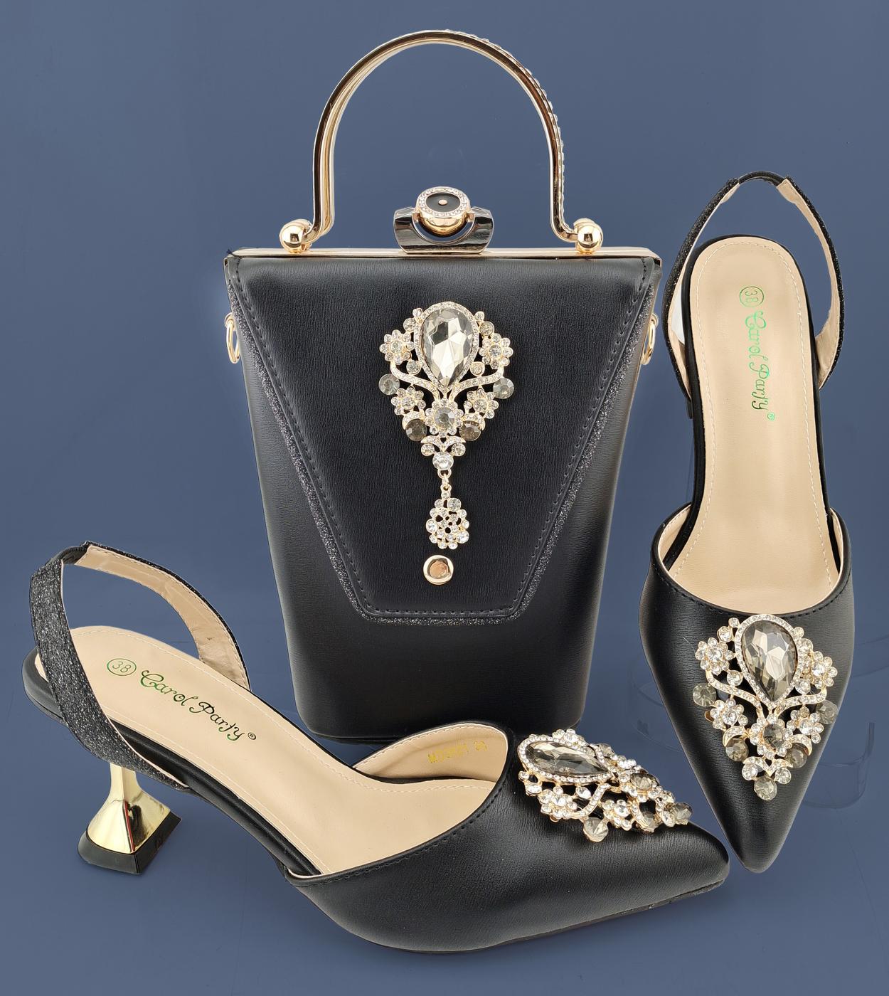 Qsgfc 2022 Newest Luxurious And Elegant Vintage Rhinestone Accessories Ladies Shoes And Bag Set In Black Color  Pumps