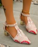 Plus Size 43 High Heels Women Embroidered Cheongsam Square Heel Pointed Sandals Flower Retro Catwalk Women Shoes  Pumps