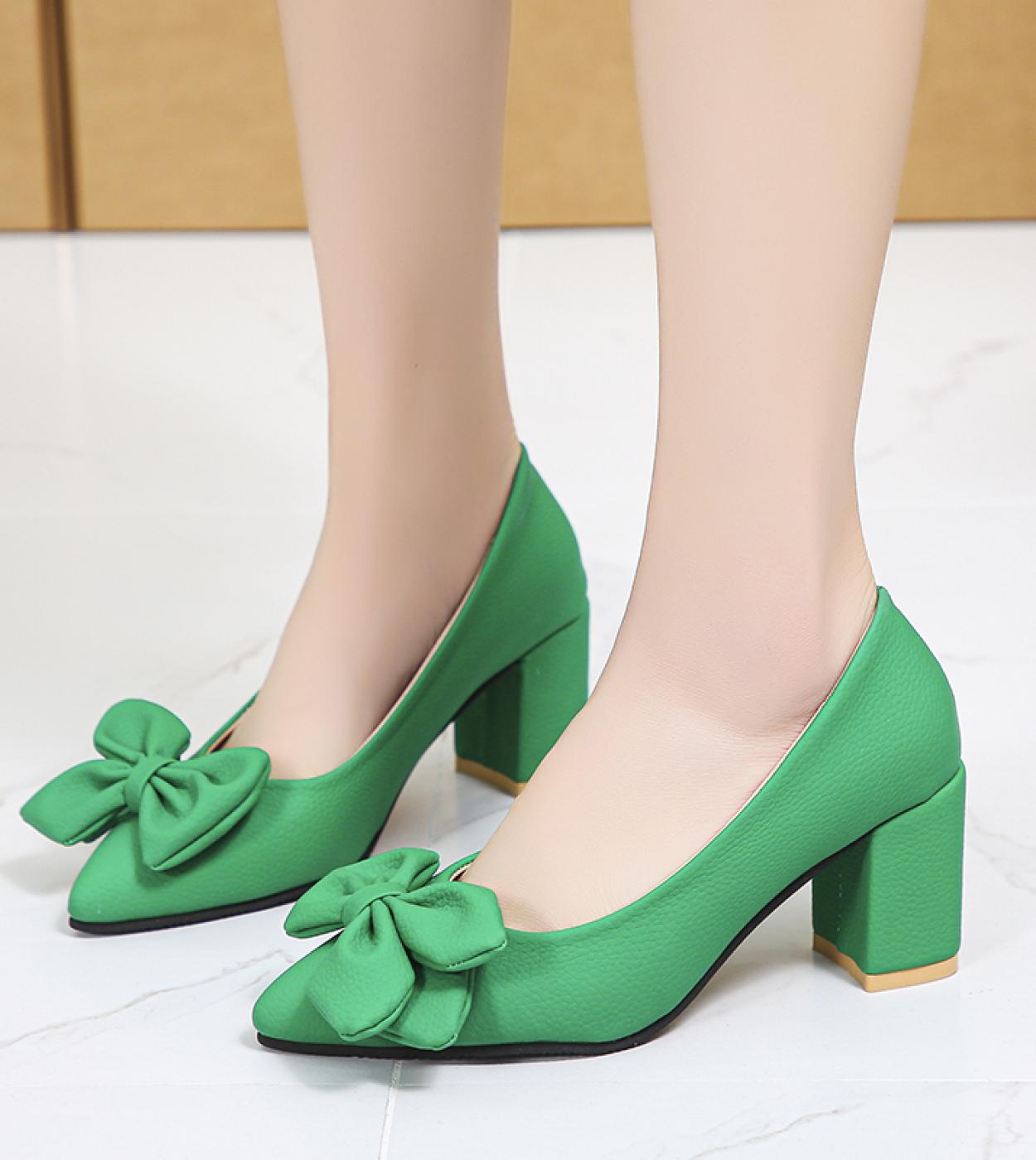 2022 New Thick With Pointed Butterflyknot High Heels Sweet Small Fresh Single Shoes Black Party Work Womens Shoes Elegan