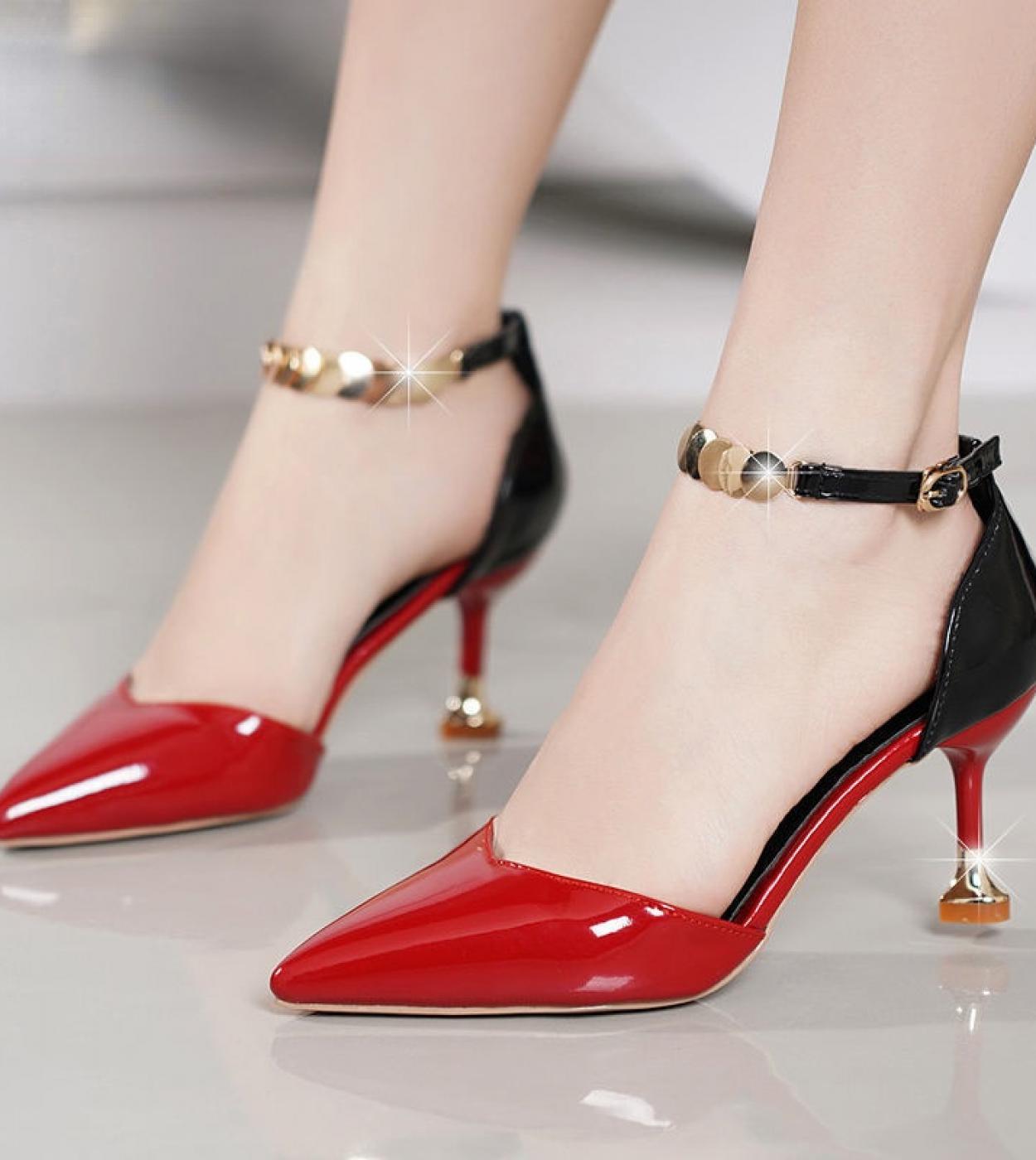 Zapatos De Mujer Women Fashion Sweet Pointed Toe Buckles Strap Stiletto Heels Lady Cool Red Party Heel Shoes  White Heel