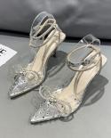 Women Sandals High Heels Ladies Luxury Bow Rhinestone Pointed Toe Transparent Ankle Strap Female Pump  Party Prom Shoes 