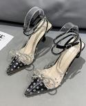 Women Sandals High Heels Ladies Luxury Bow Rhinestone Pointed Toe Transparent Ankle Strap Female Pump  Party Prom Shoes 