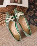 Green Soft Pointed Toe Flat Shoes Women Ballet Shoes 2022 Spring New Pearl Bow  Ladies Ol Office Shoes