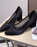 Summer New Mesh Dot Breathable High Heel Square High Heel Shallow Mouth Pointed Single Shoes 65cm Heel Size 40 Zapatos 