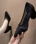 Summer New Mesh Dot Breathable High Heel Square High Heel Shallow Mouth Pointed Single Shoes 65cm Heel Size 40 Zapatos 