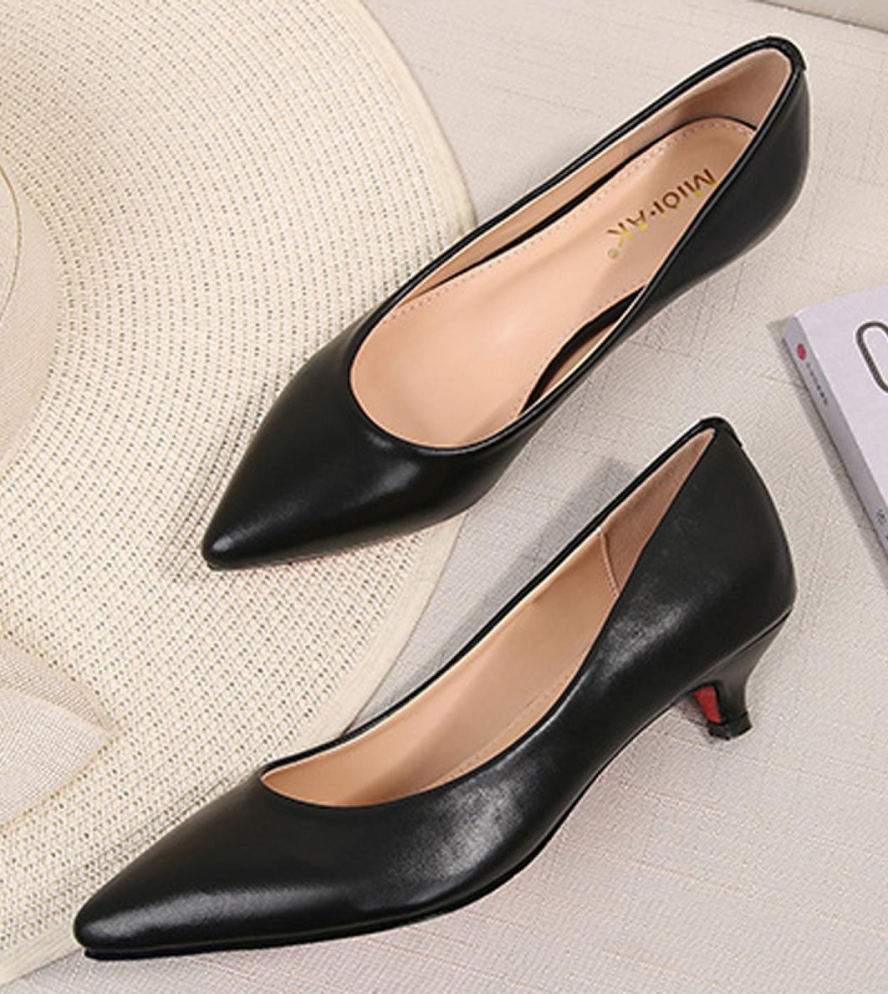 Ol Style Leather Pumps Women Solid Shoes Low Thin Heels Single Shoes 35cm High Heels Ladies Office Work Dress Wedges Pu