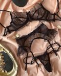 Ellolace Ruffled  Lingerie Lace Underwear Set Floral Bra And Garters Thongs Transparent Breves Exotic Short Skin Care Ki