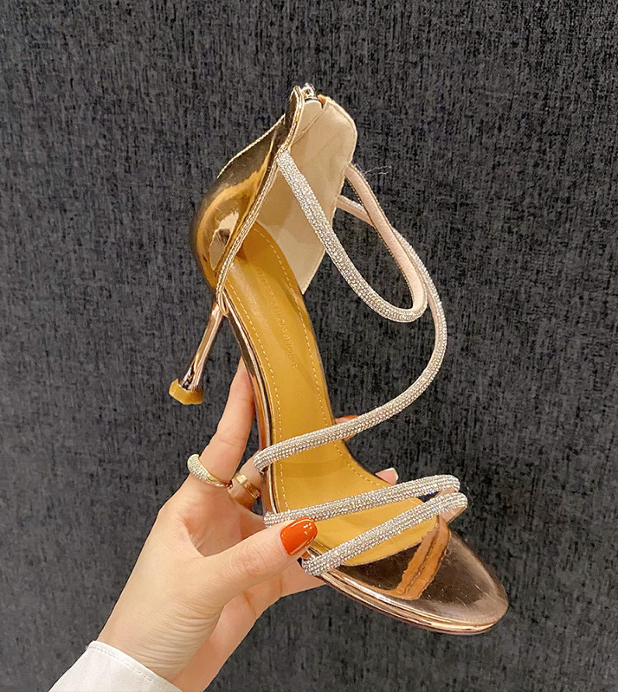 Classic Style With Skirt Sandals Womens Stiletto Heel 2022 New Celebrity Rhinestone Buckle Fairy Style High Heels Goods