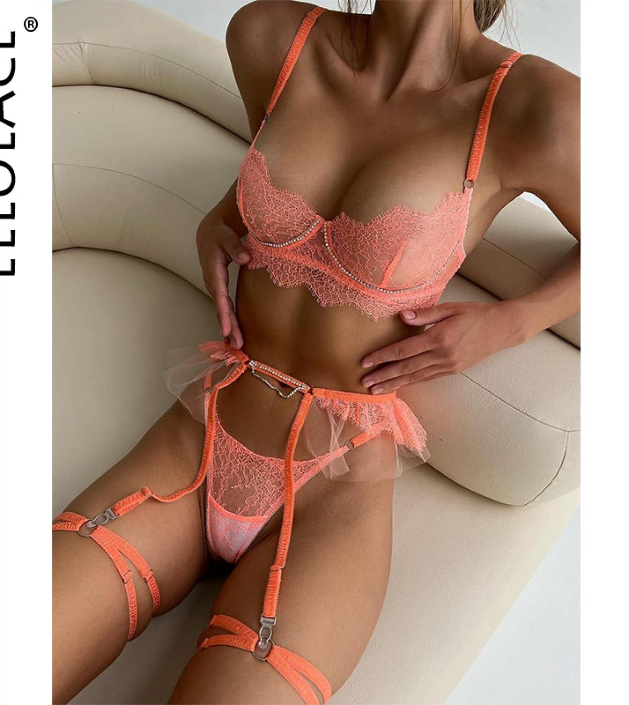 25,01 $-Ellolace Lingerie Transparent Female Underwear Fancy Ruffle See  Through Bilizna Set Orange Seamless Lace Outfits-Description