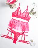 Ellolace Fancy Feather Lingerie 3 Pieces Sensual Underwear Lace Underwire Bra Ruffle Garters Transparent Beautiful Biliz