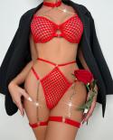 Yimunancy 3 Piece Lace Bra Set Women Red Choker  Set Chain Mesh Transparent Thong Lingerie Set