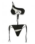 Yimunancy 2 Piece Transparent  Swimsuit One Shoulder Hollow Laceup Tank Underpants Set Mesh Panel Swimsuit Women  Bikini