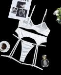 Yimunancy 3 Piece Mesh Bra Set Women Chain White Transparent Lingerie Set Panty Garter Underwear Set