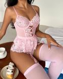 Yimunancy Lace Bodysuit Women Backless Pink  Bodysuit Spaghetti Strap Skinny Body Femme Clubwear With Stockings