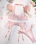 Yimunancy 3 Piece Lace Luxury Feather Lingerie Set Women   Set Pink Chain Decorated Garter Brief Kit