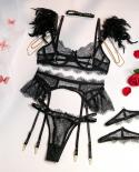 Yimunancy Further Luxury  Lingerie Set Women 4 Piece Choker Off Shoulder Lace  Set Garter Brief Kit