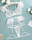 Yimunancy 3 Piece Feather Decorated Lace Exotic Sets Women  Lingerie Set Chain Panty Garter Fancy Luxury Kit