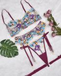 Yimunancy Floral Embroidery Transparent  Set Women 4 Piece Transparent Underwear Set Vintage Garter Thong Kit