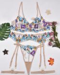 Yimunancy Floral Embroidery Transparent  Set Women 4 Piece Transparent Underwear Set Vintage Garter Thong Kit
