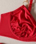 Yimunancy 4 Piece  Sets Women Choker Solid  Lingerie Set Red Chain Choker Garter Breif Kit Christmas