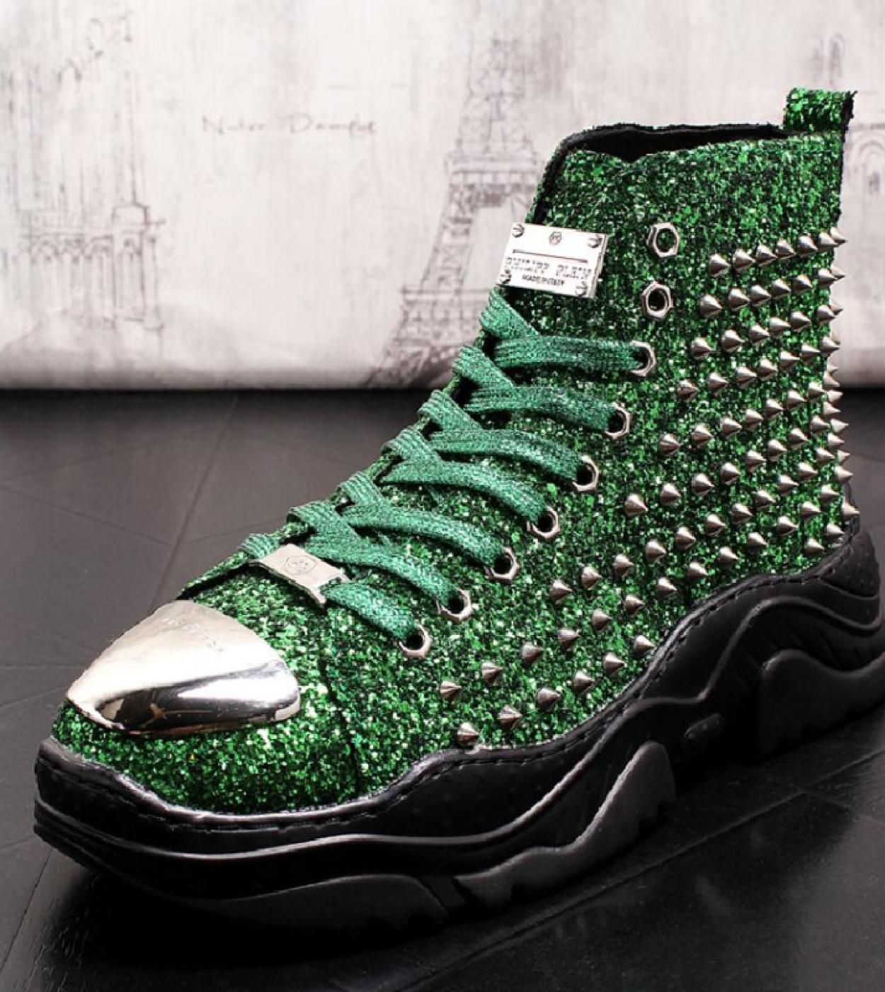 Rivets Mens Ankle Boots Green Sequin Men Show Shoes Fashion High Top Man Studded Sneaker Cat Boot  Mens Boots