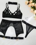 Conjunto de roupa íntima feminina preta preta lingerie sutiã 4 peças conjunto de sutiã de malha