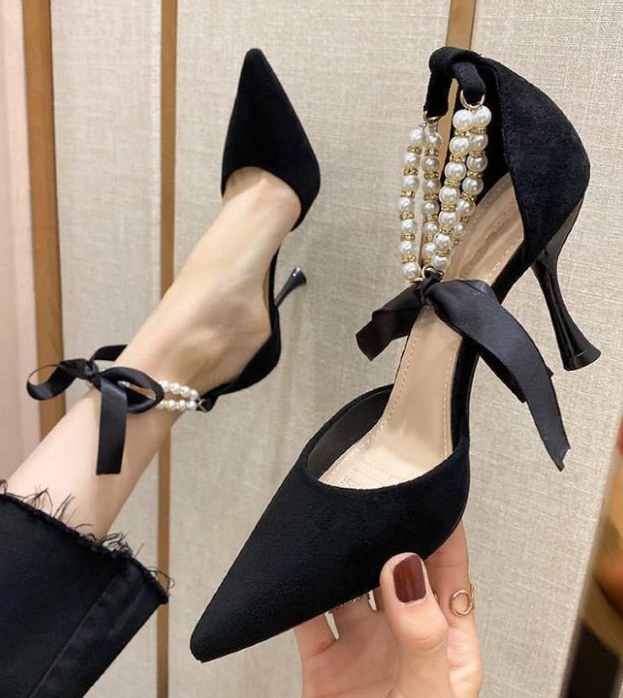 New Female High Heels Womens Stiletto Heel New Pearl Anklet Straps Fairy Black Pointed  Sandals  Pumps