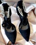 New Female High Heels Womens Stiletto Heel New Pearl Anklet Straps Fairy Black Pointed  Sandals  Pumps