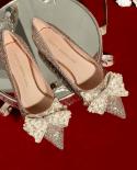 Bling Square Heels Pumps Women Sequins Pointed Toe Low Heels Party Shoes Woman Pearl Bowknot Slipon Wedding Banquet Shoe