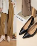 Fashion Soft Leather Fabric Heels Pumps Shoes Pointed Toe Shoes Woman Square Slip On Heel Slip Lady Office Casual Work S
