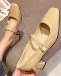 New Patent Leather Med Heels Mary Jane Shoes Women 2022 Summer Pearls Square Toe Pumps Woman Comfy Slip On Office Shoes 