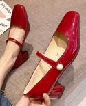 New Patent Leather Med Heels Mary Jane Shoes Women 2022 Summer Pearls Square Toe Pumps Woman Comfy Slip On Office Shoes 
