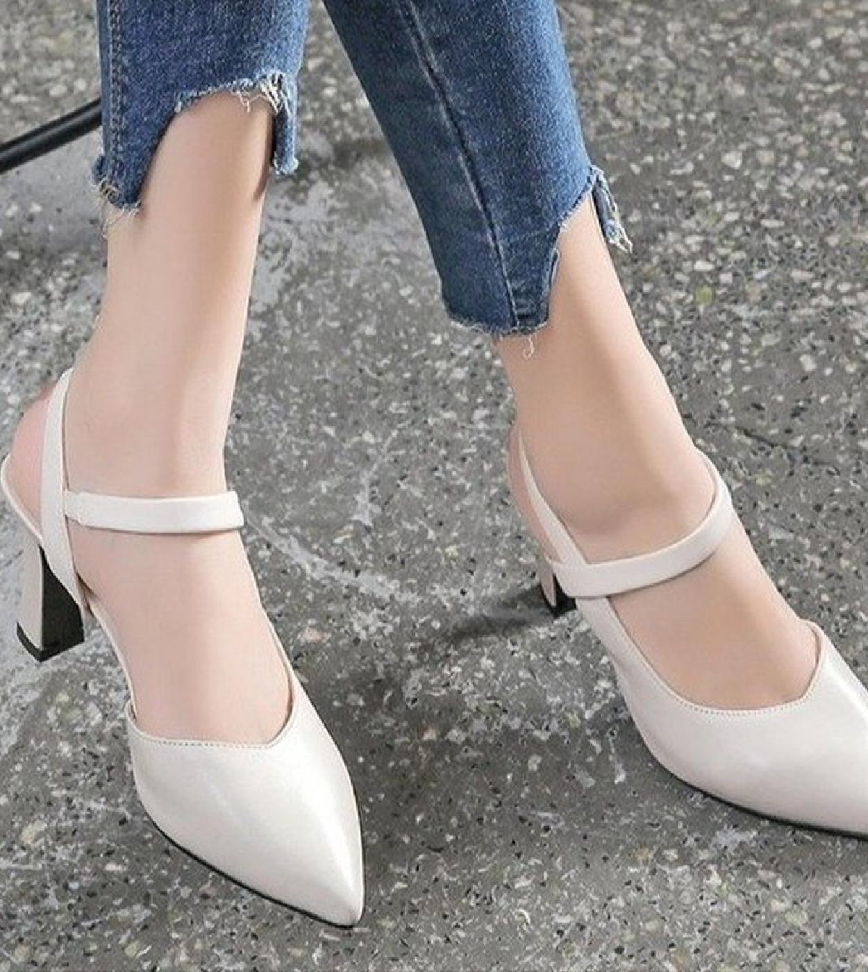 Leather Sandals Womens Mid Heels Summer Wild Chunky Heels Ankle Strap Pumps Closed Toe Back Empty Fashion Sandals Women