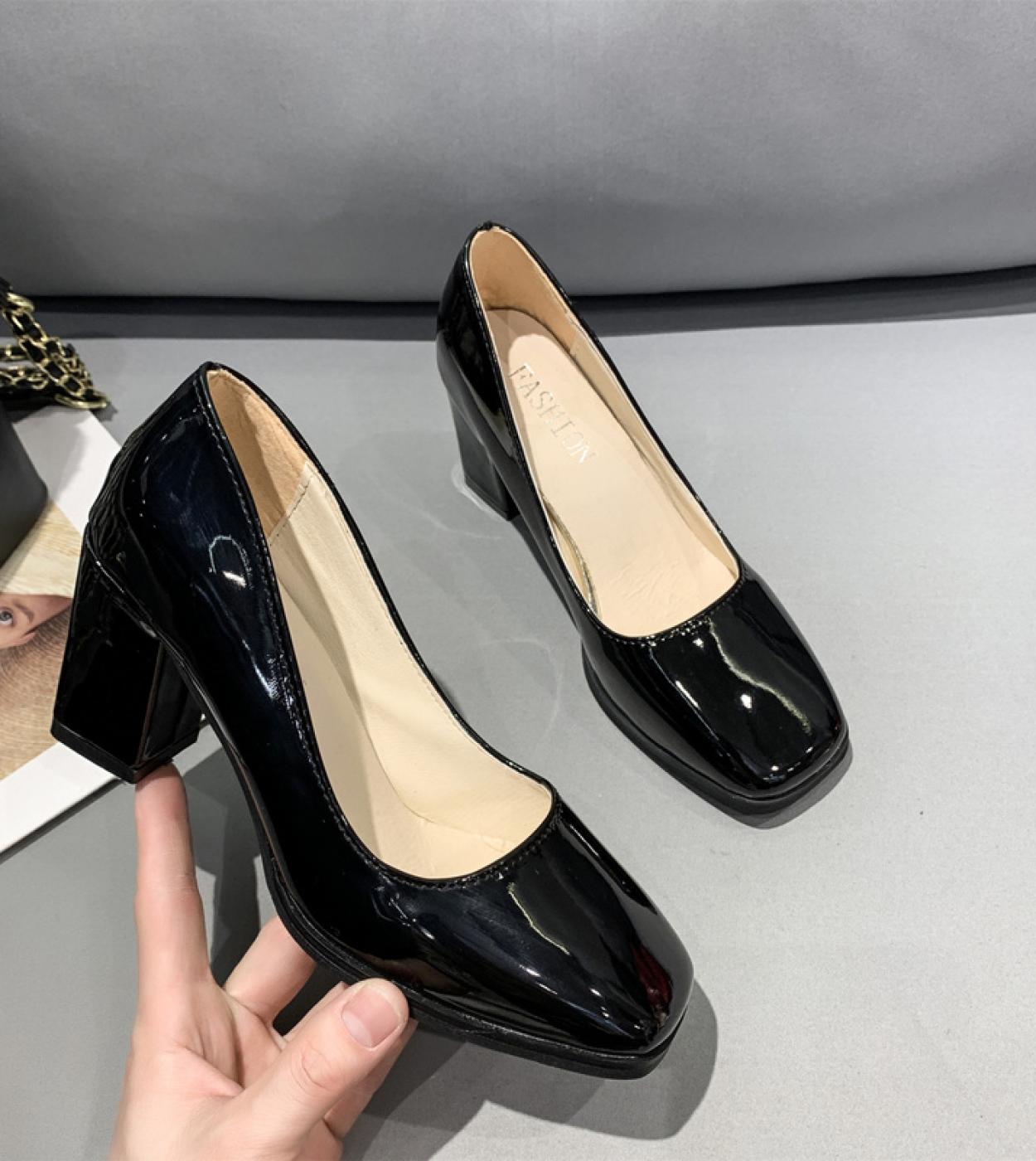 2022 Women Shoes Square Toe Pumps Patent Leather Platform Heels Dress High Heels Boat Shoes Shadow Wedding Shoes Zapatos