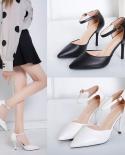 Soft Leather Womens Shoes,pointed Toe,2022 Spring New High Heels,ankle Strap,cover Heel,female Footware,big Size,black,
